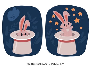 Cartoon vector illustration of rabbit ears appear from the magic hat. Magic over dark backround