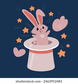 Cartoon vector illustration of rabbit ears appear from the magic hat over dark backround