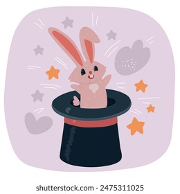 Cartoon vector illustration of rabbit ears appear from the magic hat and magic