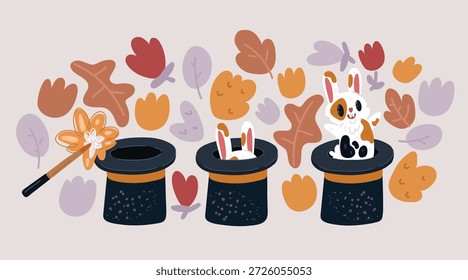 Ilustración vectorial de dibujos animados de Conejo en sombrero. Sombrero de mago con conejo. Espectáculo de circo, varita de abracadabra. Conejo mágico en sombrero, truco del conejo sobre fondo oscuro
