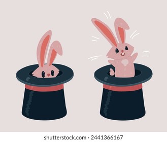 Cartoon vector illustration of rabbit in magic hat.