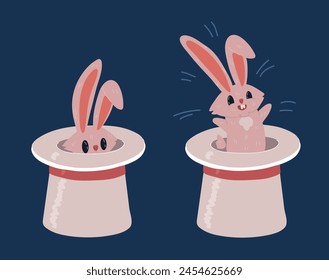 Cartoon vector illustration of rabbit in magic hat over dark backround.