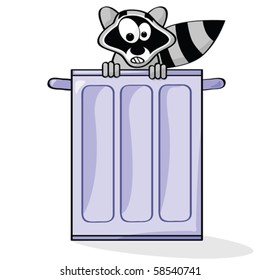 Cartoon vector illustration of a raccoon surprised to be seen inside a garbage can