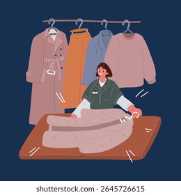 Cartoon vector illustration of Rack with clothes after dry-cleaning. Woman with clean coat over dark background