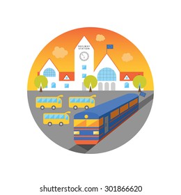 Cartoon vector illustration of railway station at dawn. Train coming out of European Union. Bus stop near terminal. 