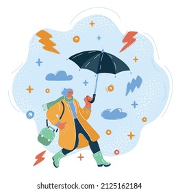 Cartoon vector illustration of Rain and wind, women with umbrella
