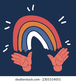 Cartoon vector illustration of rainbow in hands over dark background
