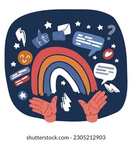 Cartoon vector illustration of Rainbow in hands over dark background