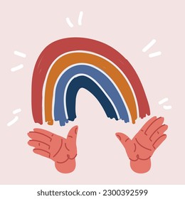 Cartoon vector illustration of rainbow in human hands