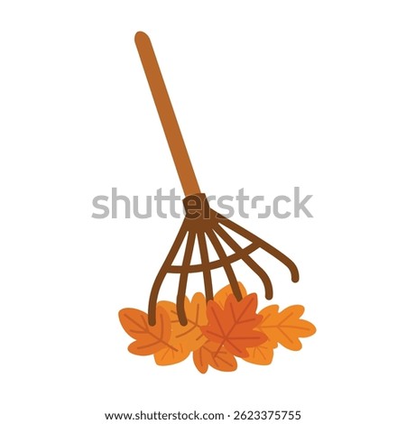 Cartoon vector illustration of a rake gathering orange autumn leaves in flat seasonal style.
