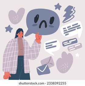 Ilustración vectorial de caricatura de Rank, nivel de satisfacción de la clasificación. Mujeres tristes. Burbuja del discurso sostenida en la mano