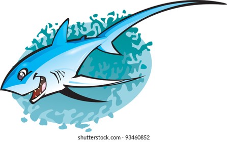 A cartoon vector illustration of the rarely seen but comical looking Big eyed Thresha Shark. Part of a series of Various shark species.