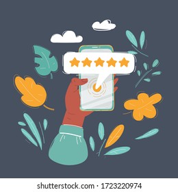 Cartoon vector illustration of Rate app concept. Hand holds smartphone with 5 stars and rate button on phone screen on dark background.