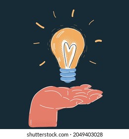 Cartoon vector illustration of reach idea with bulb light in hands human hand on dark