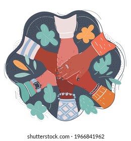 Cartoon vector illustration of reaching to each other hands on dark background.