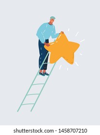 Cartoon vector illustration of reaching goal concept. Man climbed high up on stairs, holds the biggest star. Designer creating his peace of art, dark blue sky night background.