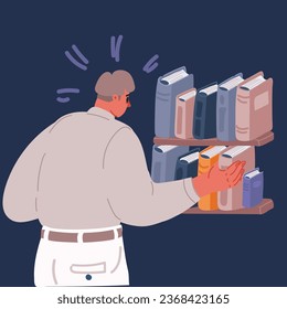 Cartoon vector illustration of Read books concept. Man choosing book in bookshelfs over dark backround