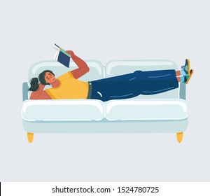 Cartoon vector illustration of reading book laying on sofa. Human character on white background.