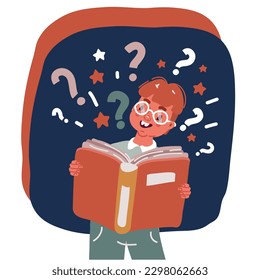 Ilustración vectorial de caricatura de Reading, Cute Kid Disfrutando de la Literatura, Estudiante de la Escuela Primaria sobre fondo oscuro