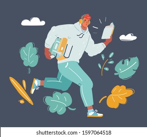 Cartoon vector illustration of reading hurry up man, student holding books and listening headphones on dark background. Rushing to class to study.