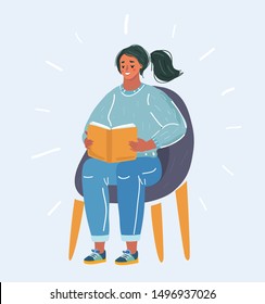 Cartoon vector illustration of reading Woman Sitting and read the book on chair on white background.