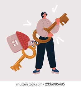 Cartoon vector illustration of Real estate and accommodation concept. Woman standing holding big key