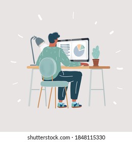 Cartoon vector illustration of Rear view of a casual young business man using computer on white background. Man working in office or home. Rear view person on white background.