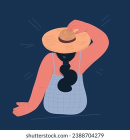 Cartoon vector illustration of Rear View Of Woman sitting On Beach over dark backround