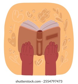 Cartoon vector illustration of Rear view of student hands holding workbook and self studying