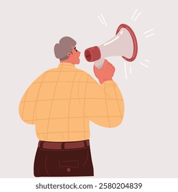 Cartoon vector illustration of Rear view of businessman shouting on megaphone