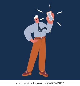 Cartoon, Vektorgrafik der Empfehlung. Porträt eines aufgeregten Mannes, der einen großen Smartphone-Bildschirm in der Hand hält, nahe an der Kamera zeigt und auf ein Gerät auf dunklem Hintergrund zeigt.