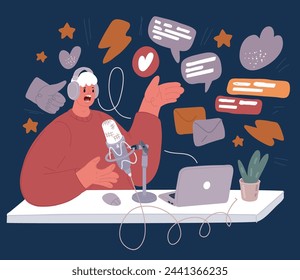 Cartoon vector illustration of Record podcast, radio broadcast, tutorial audio. A man sits and makes a speech in a large microphone.