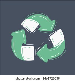 Cartoon vector illustration of Recycle icon, symbol, dark background. Hand drawn object.