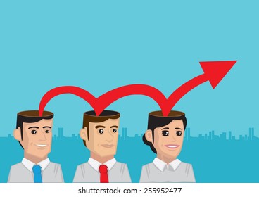 Cartoon vector illustration of red arrow bouncing off the heads of business executives. Concept for business growth and progress with increasing productivity and human resource. 