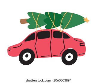 Dibujo vectorial de un auto rojo con un árbol de Navidad encima. Árbol de Navidad en coche. Tarjeta de Año Nuevo