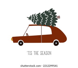 Cartoon vector illustration of a red car with Christmas tree