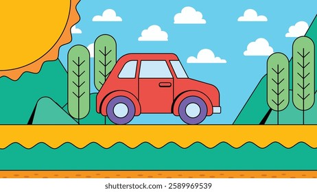 Cartoon vector illustration of a red car driving along a sunny road surrounded by trees and mountains hand drawn modern