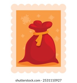 Cartoon vector illustration of a red christmas bag with a yellow ribbon on a postage stamp, isolated over white background