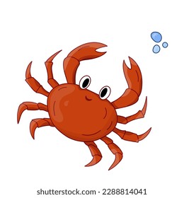 Cartoon vector illustration red crab. Ocean dweller. Nautical isolated crab, sea animals concept. Elements for icon, cover, print, book illustration, poster, card, web element, card for children.