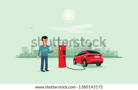 Cartoon vector illustration of red electric car suv charging at charger station and smiling person. Young man with smile likes his new battery autonomous sharing vehicle. City skyline in background. 