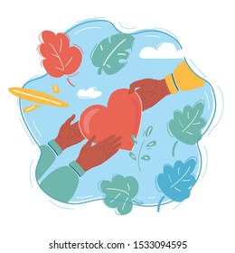 Cartoon vector illustration of Red heart in human hands, on blue background