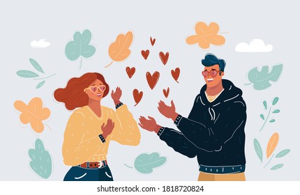 Cartoon vector illustration of Red heart in woman and man hands. Concept of love, giving gifts, happy romantic couple.