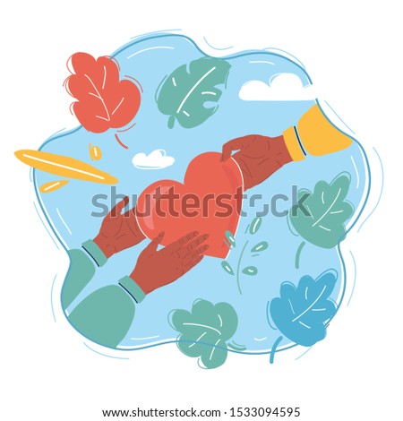 Cartoon vector illustration of Red heart in human hands, on blue background
