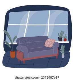 Dibujo vectorial de dibujos animados del sofá de lujo de cuero rojo para sala de estar moderna sobre fondo oscuro