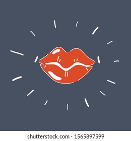 Cartoon vector illustration of red lips on dark background. Hand drawn object.