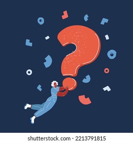 Cartoon vector illustration of Red questions mark and flying woman over dark background