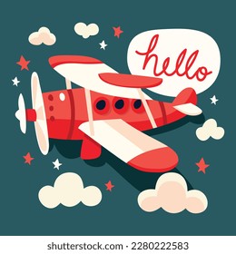A cartoon vector illustration of a red retro plane with hello phrase.
