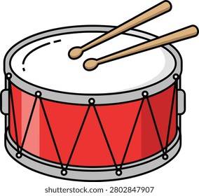 Cartoon vector illustration of red snare drum with drumsticks resting on drumhead, outlined design for music, education, marching band, and creative projects