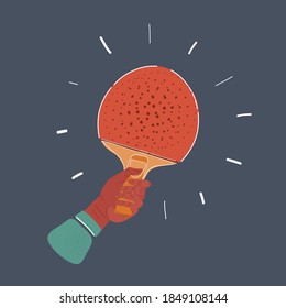 Cartoon vector illustration of Red table tennis racket in the hand. Ping pong concept on dark background.