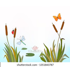 cartoon vector illustration of reeds and flying insects, waterlily on lake as summer or spring background